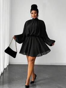 Maweii Plus Size Elegant Solid Color Stand Collar Lantern Sleeve Dress, Suitable For Commuting - Black - View 2