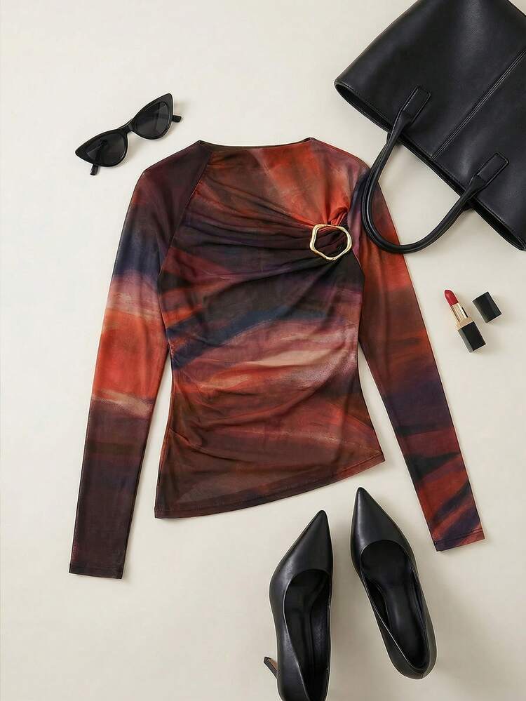 SHEIN Maija Graphic Women's Tie-Dye Print Metallic Decor Fitted Fashionable Asymmetrical Top, Women's Long Sleeve Tops Spring Carnival Fitted Tops Women Valentine's Day Elegant Vacation Beach Spring To Summer