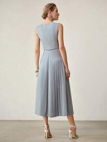 MOTF PREMIUM 优雅收腰修身长款褶裥连衣裙，春夏款 - 淺藍色 - 查看 3