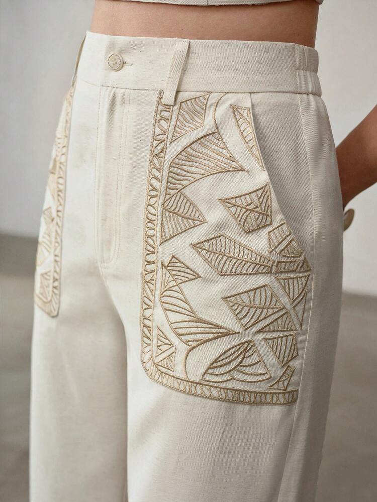 EMBROIDERY SLANT POCKET WIDE LEG PANTS