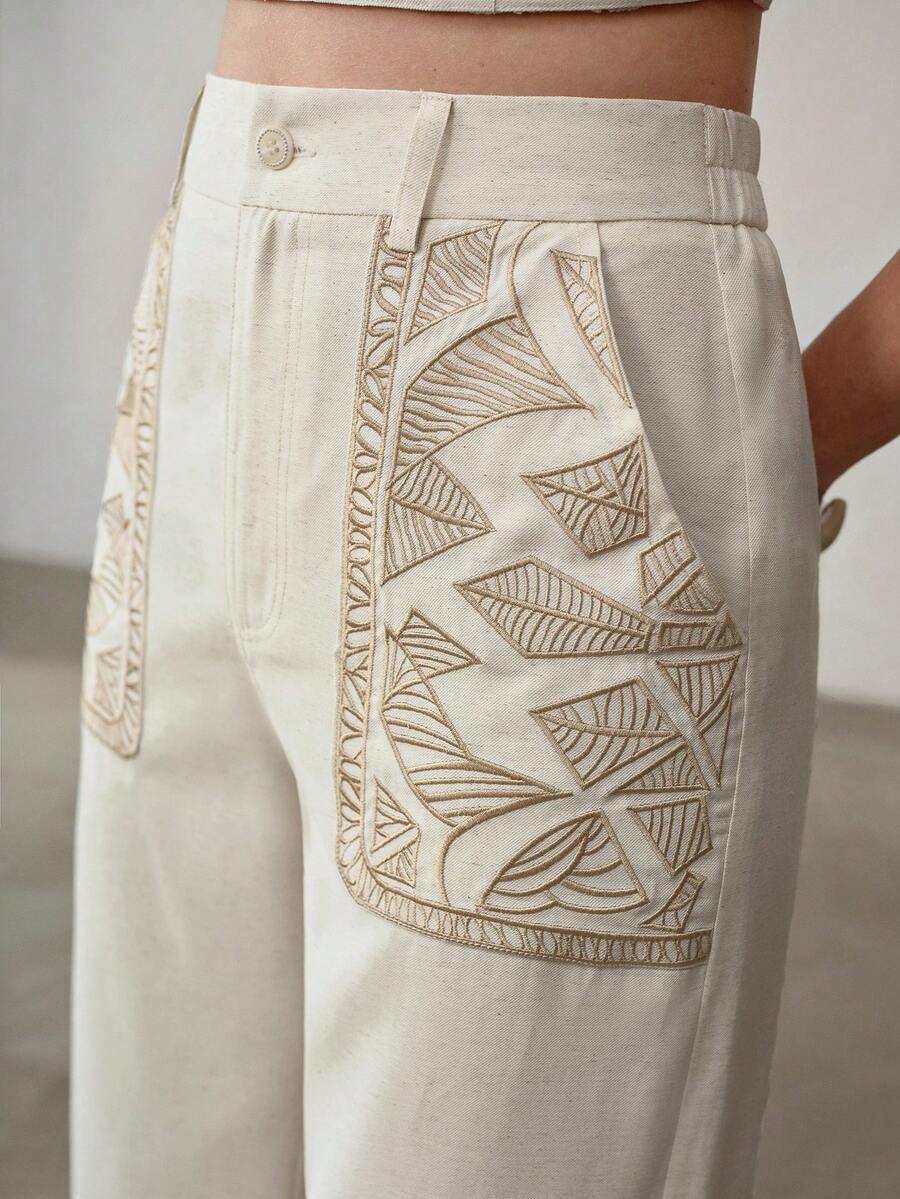 MOTF PREMIUM 刺绣斜插口袋阔腿裤 - 杏色 - 查看 2