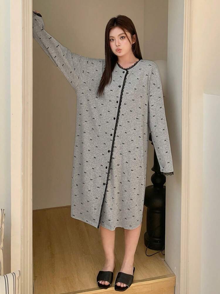 Dazy Plus Bow Print & Floral Contrast Lace Loose Long Sleeve Long Nightgown, Cute Spring/Summer Loungewear