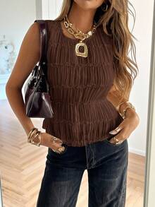 Siren Gaze Women's Solid Color Lace Trim Pleated Round Neck Camisole Brown Blouse Brown Top Summer Top Dark Brown Top Western Top Brown Summer Top - Coffee Brown - View 3