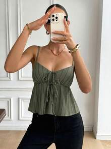 Serisse Women's Striped Spaghetti Strap Tie-Up Ruffle Hem Summer Fashion Camisole - Dark Green - View 7