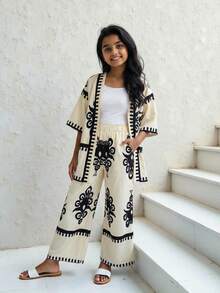 SHEIN Tween Girl Vacation Casual Printed Short Sleeve Cardigan And Straight Leg Pants Set - Apricot - View 6