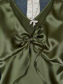 SHEIN 女士纯色V领系带优雅吊带衫 - 軍綠色 - 查看 3