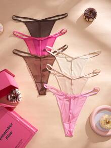 Eraneu 6pcs/Pack Solid Color Sheer Mesh Sexy Thong Panties For Women - Multicolor - View 2