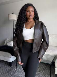 Tyla Gomez Spring New Vintage Leather Jacket, Short Style, Regular Fit, Women's Jacket For Valentine's Day Fall,Winter - Brown - View 3
