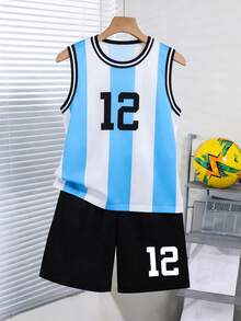 Fantacosmos Conjunto de regata e shorts de basquete clássico para meninos (2 peças), roupa esportiva casual para meninos estilosos, primavera/verão. - Multicolorido - Ver 3