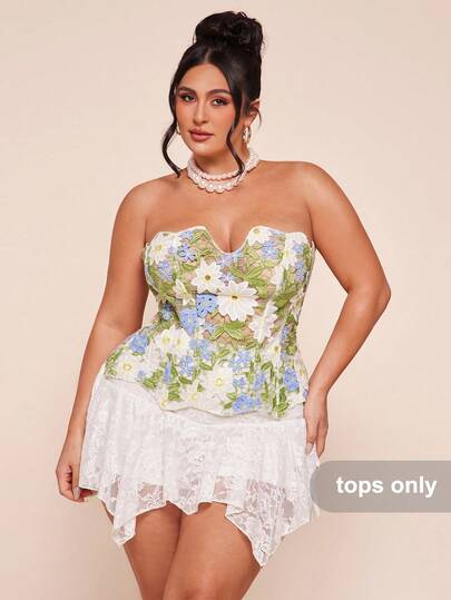 SHEIN BAE Plus Size Women's Elegant Sexy Floral Embroidery Bandeau Top, Summersummer Tops,Summer Clothes,Tube Top,Spring Outfits For Women,Summer,Shirts,Western Outfits For Women,Going Out Top,Holiday Outfits For Women,Tops For Women,Office Wear Women,Tank Top,Vacation Outfits Women,Plus Size,Western Outfits For Women,Country Concert Outfit,Cowgirl Outfits For Women,Plus Size,Curve