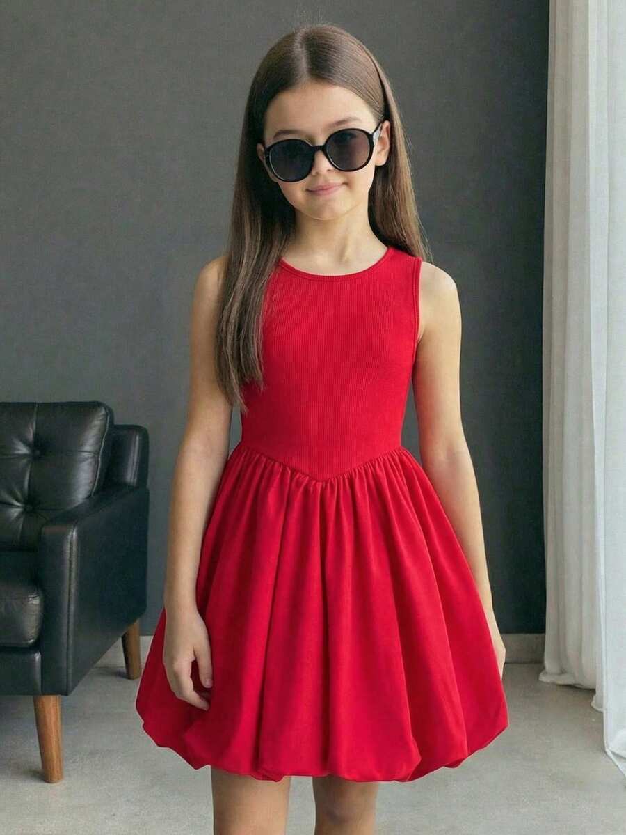 SHEIN Tween Girl Tween Girl Cute Pink Knitted Sleeveless Romper For Summer Baby Red Dress Tween Girl Red Dress Red Baby Dress Baby Ruffle Dress Baby Christmas Dress Baby Summer Dress - Red - View 1