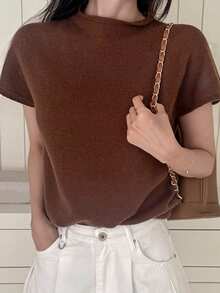 DAZY 女士独特设计圆领短袖宽松针织上衣 - 棕色 - 查看 3