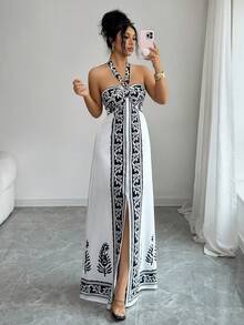 Selianne 新款女士休闲度假印花梭织连衣裙，长款设计，夏季女装，度假装，飘逸连衣裙，夏威夷风情，复古风，波西米亚风，简约休闲假日风女装，适合度假、约会、下午茶、音乐节等场合，尽显波西米亚风情。 - 黑與白 - 查看 5