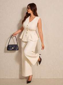 Elaquor Completo da donna taglie forti con top a peplum senza maniche con scollo a V e bottoni a forma di stella marina e pantaloni a zampa, casual, da lavoro, per vacanze, primavera/estate - Bianco - Visualizzare 1