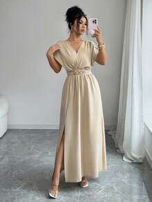Elenzga Women's Elegant V-Neck Ruched Waist Split Hem Dress - Khaki - View 7