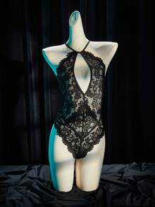 SpicyHot Women's Sexy Sheer Hollow Out Halter Lace Jumpsuit - Black - View 6