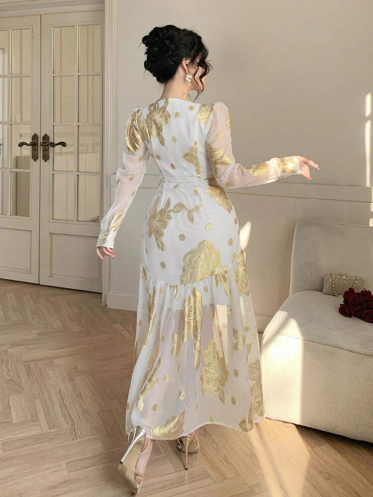 Elegant V-Neck Cinched Waist Flowy Dress For Women, French Romantic Style Sundress