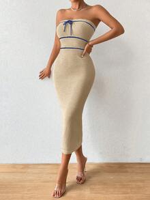 Pariaura Women's Autumn/Winter Strapless Knit Sexy Dress, High-Quality Vacation Style Long Dress - Khaki - View 3