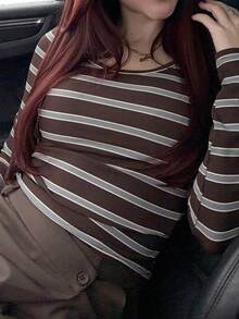 Abrilcols Women's Autumn And Winter Clothing Bottom Versatile Keluli Brown Striped Casual Round Neck Long Sleeve Slim T-Shirt,Fall Tops - Brown - View 3