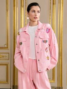 LOTSLUV Women's Pink Washed Distressed Denim Jacket With Cute Cartoon Patches - Pink - View 1