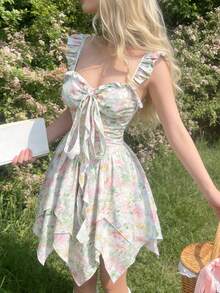 SHEIN MOD Đầm ngắn dáng suông lãng mạn, họa tiết hoa mờ ảo, vạt không đều, nhuộm ombre, thắt nơ – Phong cách giản dị, dễ thương và ngọt ngào; Hoàn hảo cho kỳ nghỉ, hẹn hò, dã ngoại, tiệc tùng, dạ hội, lễ hội và sinh nhật; Lãng mạn và đáng yêu. - Nhiều màu - Xem 1