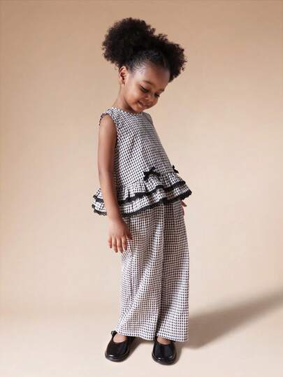  SUMWON Gingham Checked Peplum Tank Top And Wide Leg Palazzo Pants Set With Black Lace Trim For Summer For Valentine's Day Festive Occasionwear For Casual And Vacation