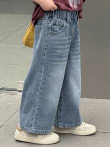 Young Boy Elastic Waist Pockets Wide Leg Loose Casual Versatile Jeans - Blue - View 7