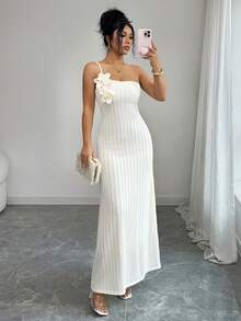 SHEIN Elenzya Women's Sleeveless Dress,Off-White Knitted Textured Fabric,3D Floral Decor,Slim Fit Elegant Long Dress For Summer,Fashionable For Date And Party - Apricot - View 5