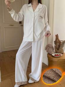 DAZY 2pcs/Set Women Bow Tie & Puppy Embroidery Loose Cardigan Long Sleeve & Pants Pajama Set, Autumn/Winter - White - View 3