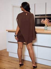 Veslaya Women's Plus Size 2-Piece Brown Summer Elegant Dress Set,Loose Chiffon Shawl Top With Asymmetric Hem & Shiny Bodycon Mini Dress,Night Out Club Party - Coffee Brown - View 2