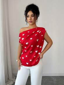 Rafferiza Women's Chic Red Heart Print Off-The-Shoulder Short-Sleeved Blouse,Summer Red And White Gathered Top For Party,Vacation,Valentine's Day & Casual Wear - Red - View 8