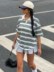 Muchica Áo thun nữ tay dài cổ polo nửa khóa kéo dáng rộng, phong cách sinh viên tối giản, phối màu sọc toàn thân, thích hợp cho mùa thu/đông, retro/vintage, gợi cảm, dễ thương, Y2K, Coconut Girl, Boho, Hippie, lễ hội âm nhạc. - Nhiều màu - Xem 3