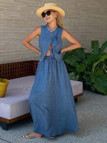 Livesso 2pcs/Set Women Sleeveless Tie Front Top And Love Print Skirt - Blue - View 1