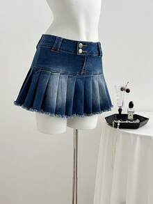 Elamini Women's Button Pleated Fringe Hem Fashionable Versatile Date Party Denim Mini Skirt - Medium Wash - View 3