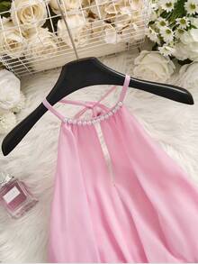 Franclia Women's Elegant Faux Pearl Beaded Ruched Halter Neck Dress, Summer - Pink - View 5