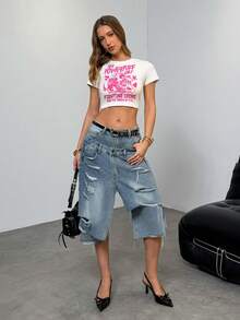 THE POWERPUFF GIRLS X SHEIN Women's Casual Fashionable Street Daily Commute Funny Slogan Graphic Fitted Cropped T-Shirt, Summer - White - View 4