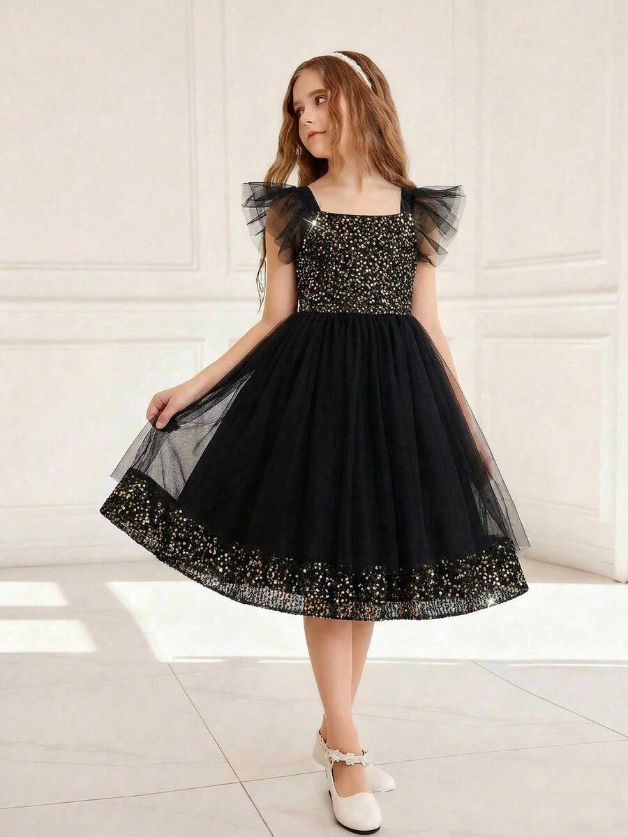 Đầm ngắn dáng chữ A xếp lớp tay ngắn đính sequin lưới cho bé gái dự tiệc cưới, tiệc tùng, sinh nhật, biểu diễn. - màu đen - Xem 1