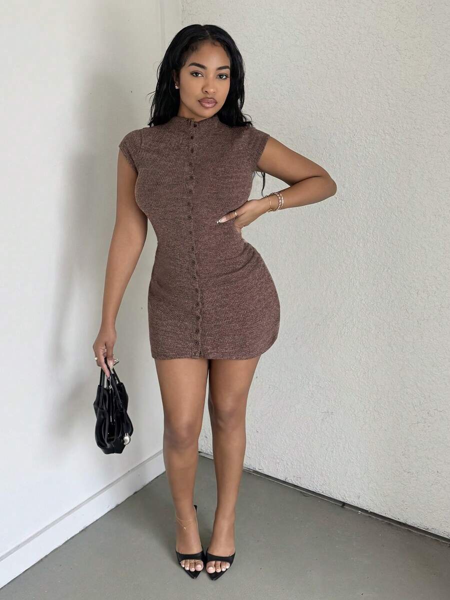 Alexandranx Váy ngắn tay lửng đơn hàng khuy trơn màu đơn sắc thường ngày dành cho nữ - màu nâu - Xem 1