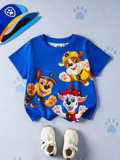 SHEIN | PAW Patrol 男童休闲日常通勤卡通狗印花短袖T恤，夏季
