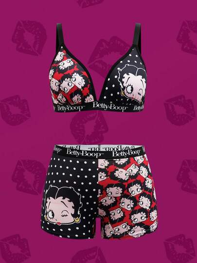 Betty Boop x SHEIN Plus Size Polka Dot & Cartoon Figure Graphic Letter Tape Bra And Briefs Set