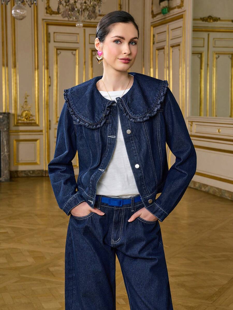 LOTSLUV 女士藏蓝色牛仔翻领荷叶边宽松牛仔外套 - 藍色 - 查看 1