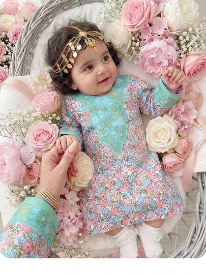 SHEIN Newborn Baby Girl Cute Floral Print Loose Long Sleeve Dress