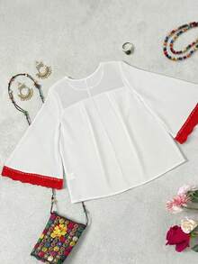 EMERY ROSE Áo thun nữ tay loe cổ tròn dáng dài, phối ren, kiểu dáng thường ngày, thích hợp cho mùa xuân. - Nhiều màu - Xem 2
