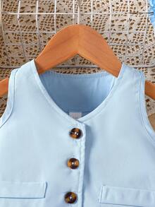 Elladie kids 2pcs/Set Baby Girls Summer Vest Top And Pleated Skirt Set - Blue - View 4