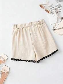 EMERY ROSE Women's Elegant Cream Textured Contrast Trim Regular Waist High Slit Shorts Skirt, Spring/Summer - Apricot - View 2