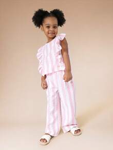 SUMWON Girls Ruffle Sleeve Tank Top And Wide Leg Pants Striped Co-Ord Set Summer Casual Outfit Festive Occasionwear - Pink - View 5