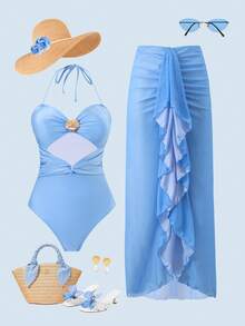 Swim Oasis Conjunto de traje de baño para mujer, top halter con pliegues y nudo, ropa de resort de moda casual, conjunto de 2 piezas, primavera/verano/otoño/invierno - Azul - Ver 1