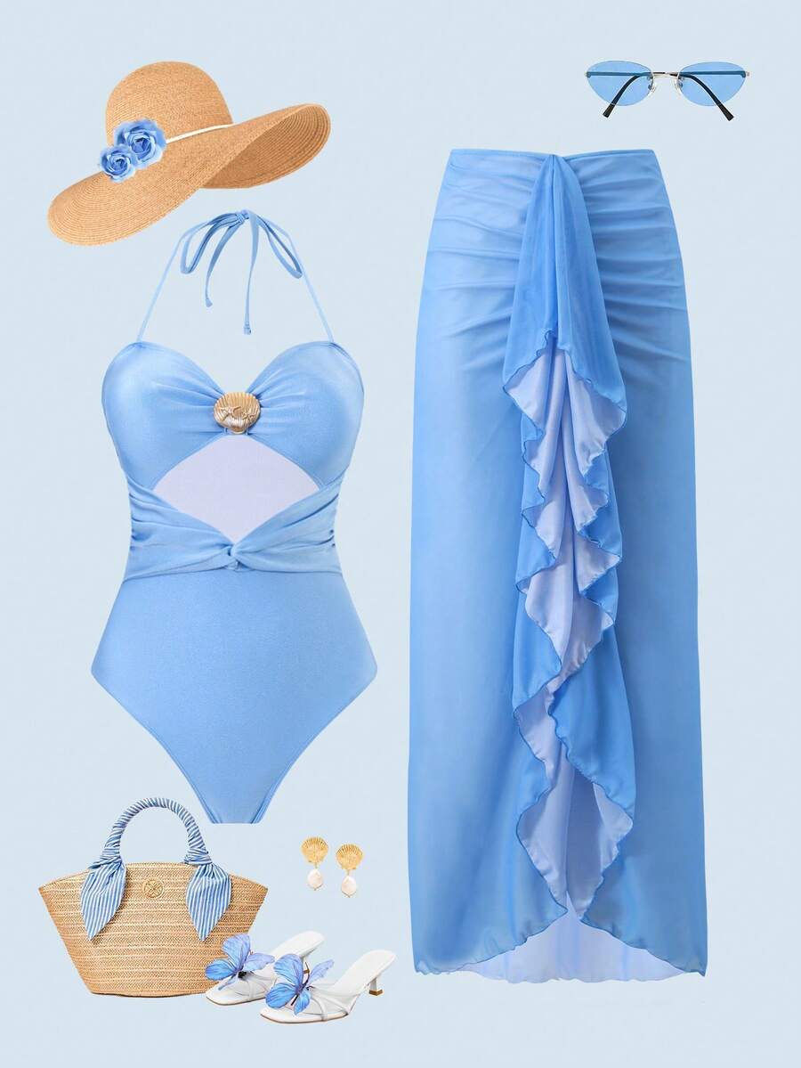 Swim Oasis Conjunto de traje de baño para mujer, top halter con pliegues y nudo, ropa de resort de moda casual, conjunto de 2 piezas, primavera/verano/otoño/invierno - Azul - Ver 1
