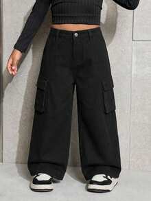 Young Girl' Camouflage & Branch Print Loose Fit Denim Pants - Black - View 6