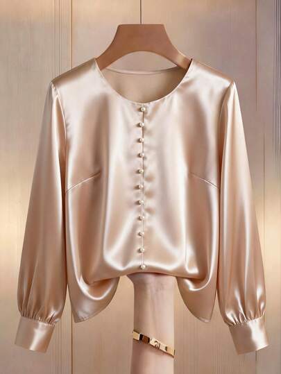 Franclia Plusstorlek kvinnors pärlglansblus, avslappnad långärmad skjorttopp, lämplig för vår, höst, sommar